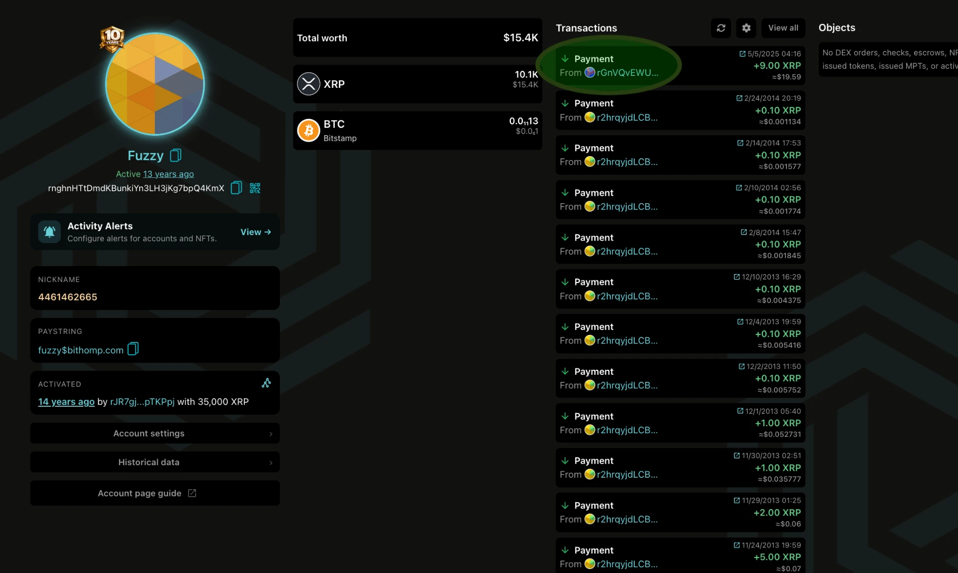 Bithomp history screenshot showing FUZZY wallet payments from 2013