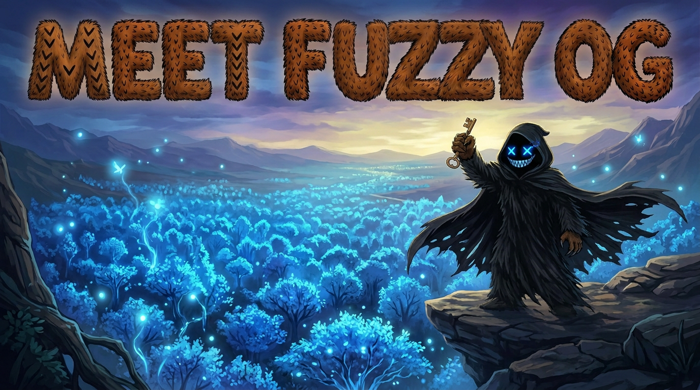 Meet FUZZY OG: the bear on a cliff at dawn over a glowing forest